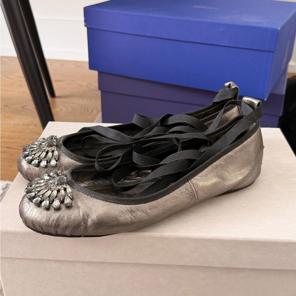 Jimmy Choo Silver Flats with Ribbon and Crystal Embellishments - Picture 2 of 4